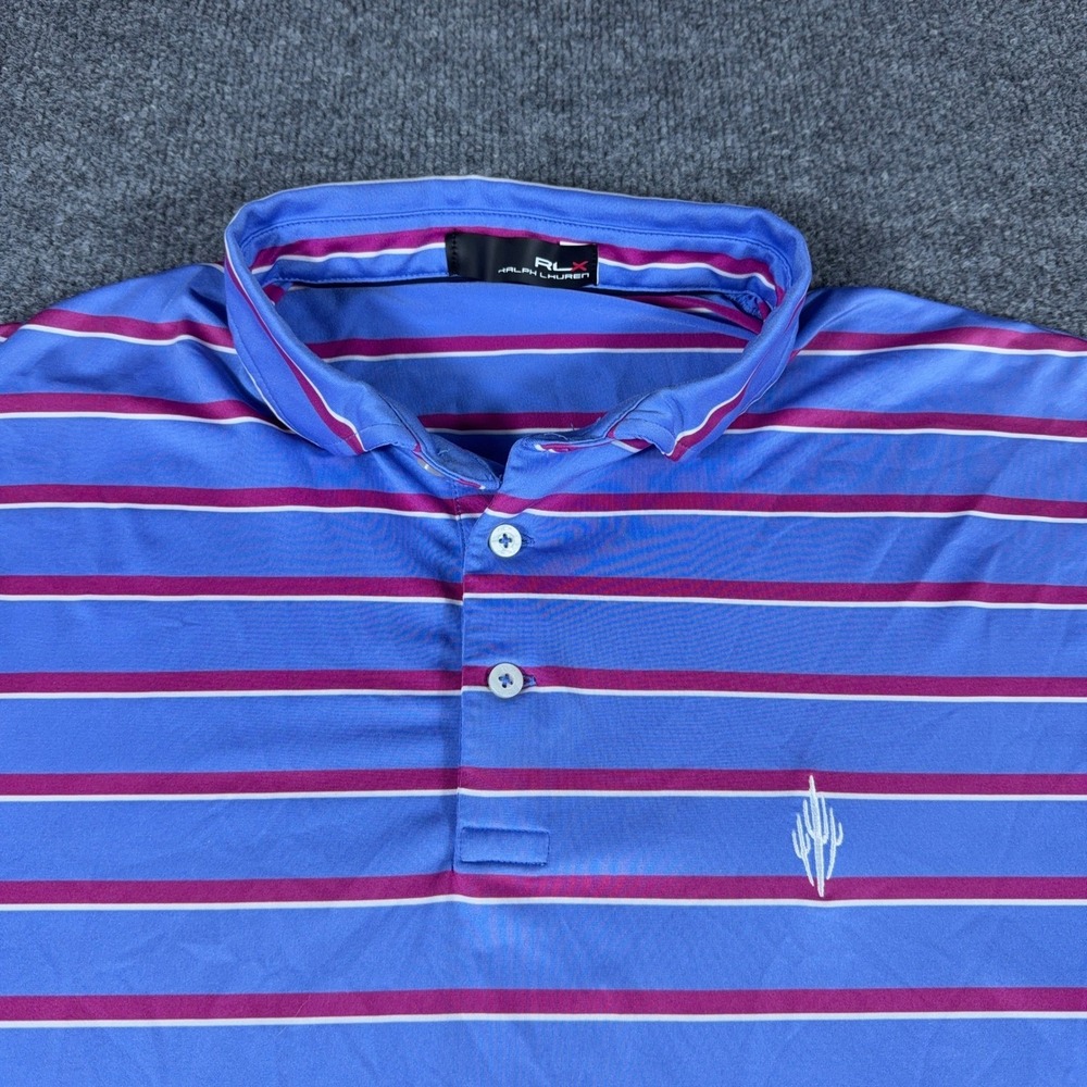 RLX Ralph Lauren Mens Blue Striped Cactus Logo Golf Polo Shirt XL